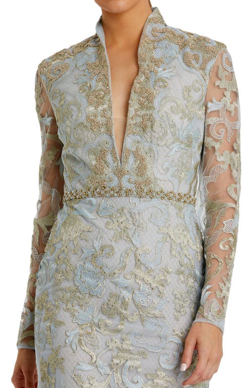 Mac Duggal Long Sleeve Applique V-neck Gown In Powder Blue