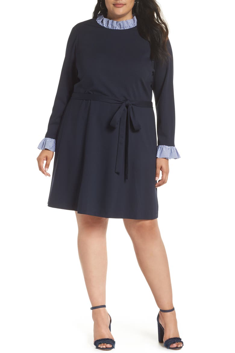 Long Sleeve Ruffle Detail Shirtdress, Alternate, color, NAVY