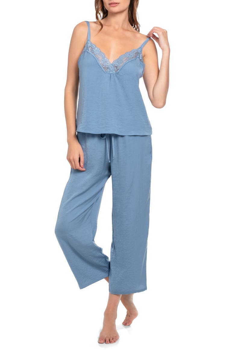 June Lace Trim Strappy Crop Satin Pajamas, Main, color, DENIM