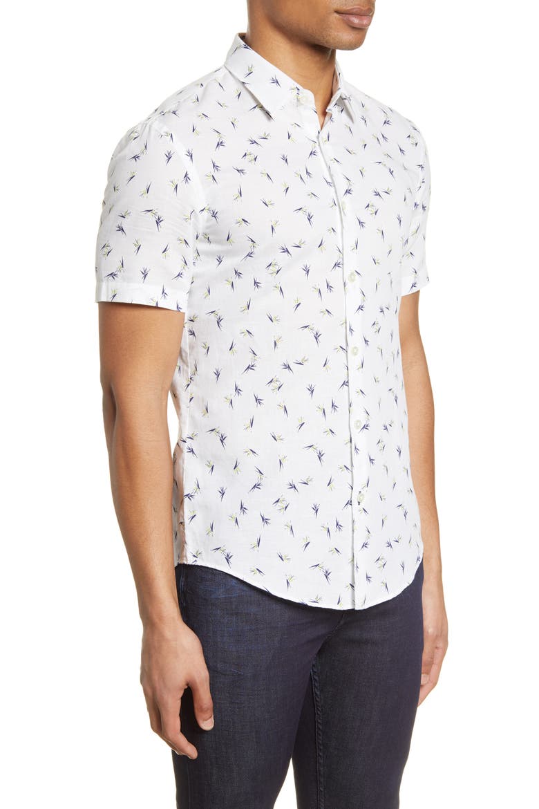 Ronn Slim Fit Print Short Sleeve Button-Up Linen & Cotton Shirt, Alternate, color, WHITE