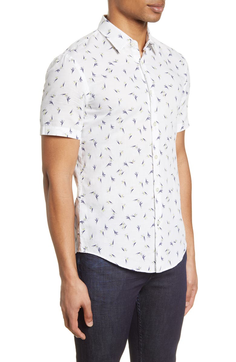 BOSS Ronn Slim Fit Print Short Sleeve Button-Up Linen & Cotton Shirt, Alternate, color, 