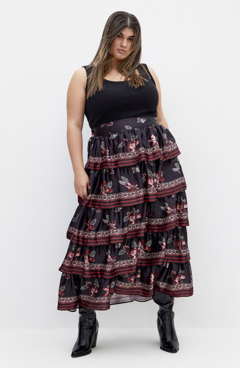 City Chic Drama Floral Ruffle Tiered Maxi Skirt, Alternate, color, Floral