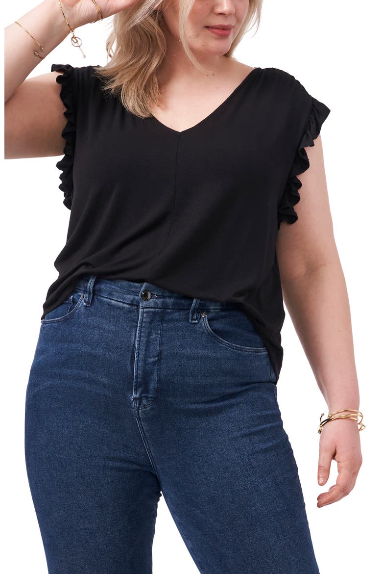 V-Neck Ruffle Knit Top, Main, color, RICH BLACK