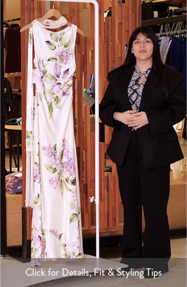 Ariane Floral Tassel Scarf Satin Maxi Dress, sales video thumbnail