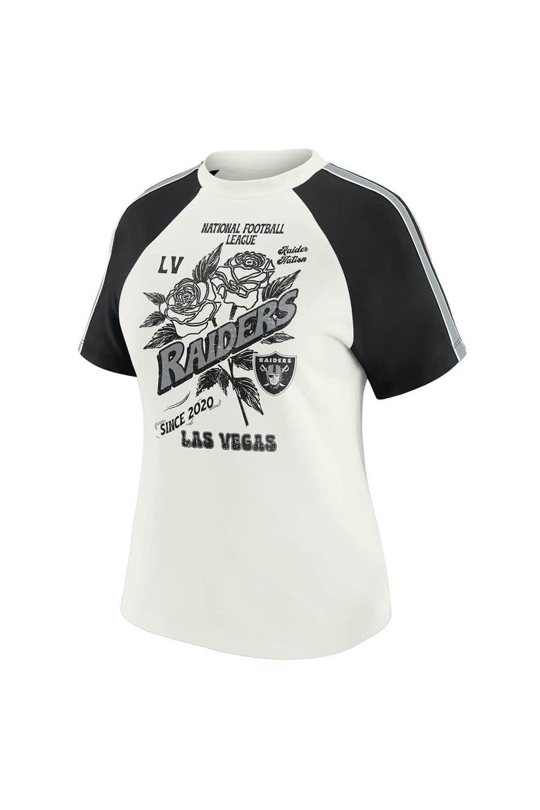 Women's WEAR by Erin Andrews White Las Vegas Raiders Sleeve Stripe Distressed Raglan T-Shirt, Alternate, color, White