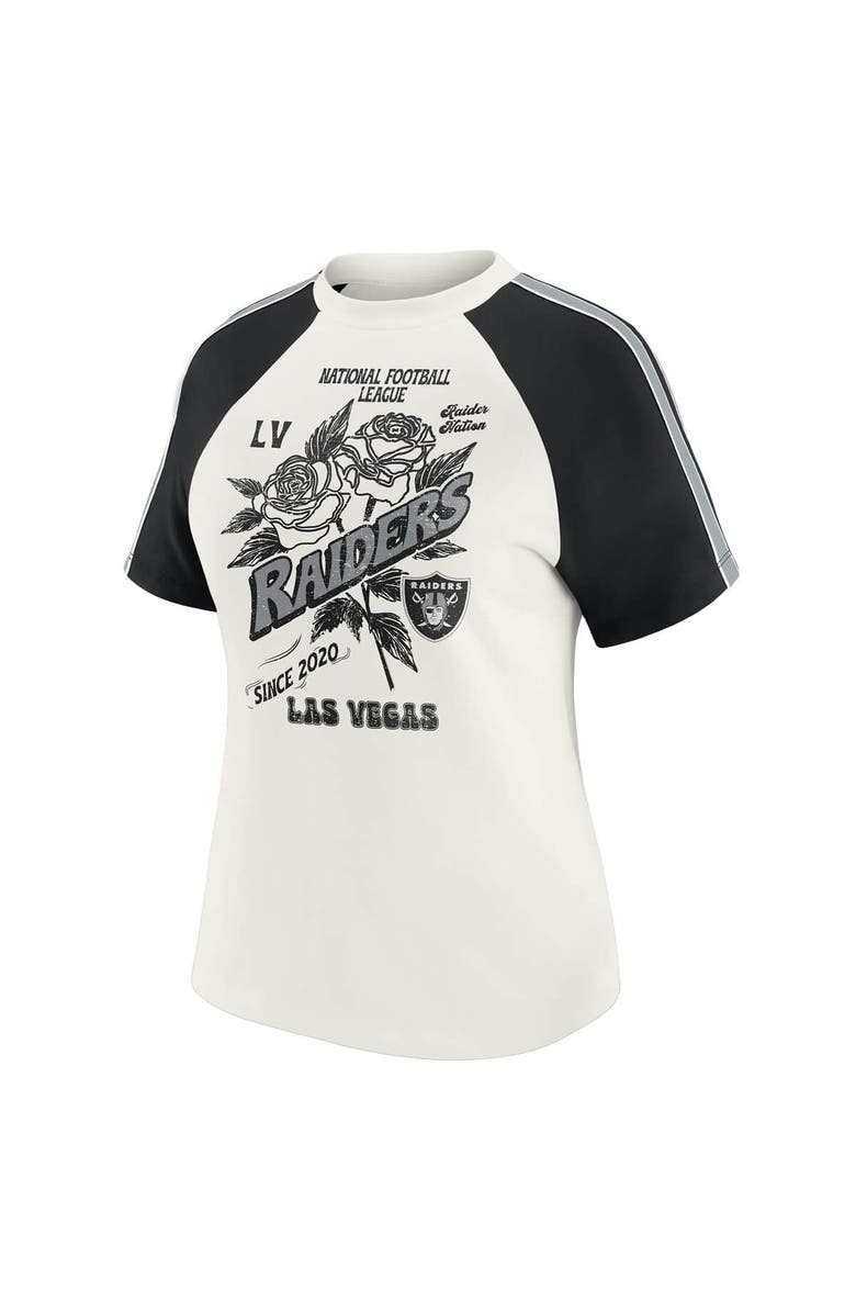 WEAR by Erin Andrews Women's WEAR by Erin Andrews White Las Vegas Raiders Sleeve Stripe Distressed Raglan T-Shirt, Alternate, color, White