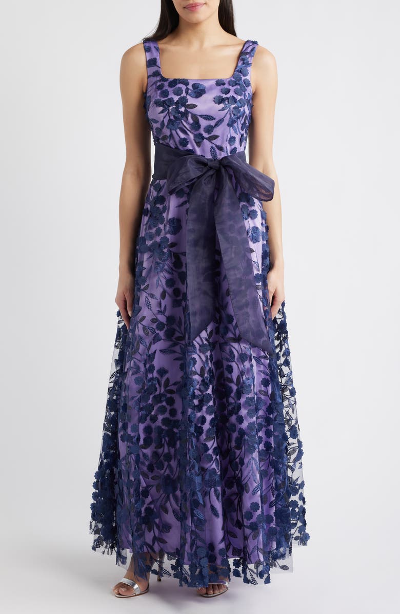Eliza J Embroidered Floral Illusion Ballgown, Main, color, Navy Lilac