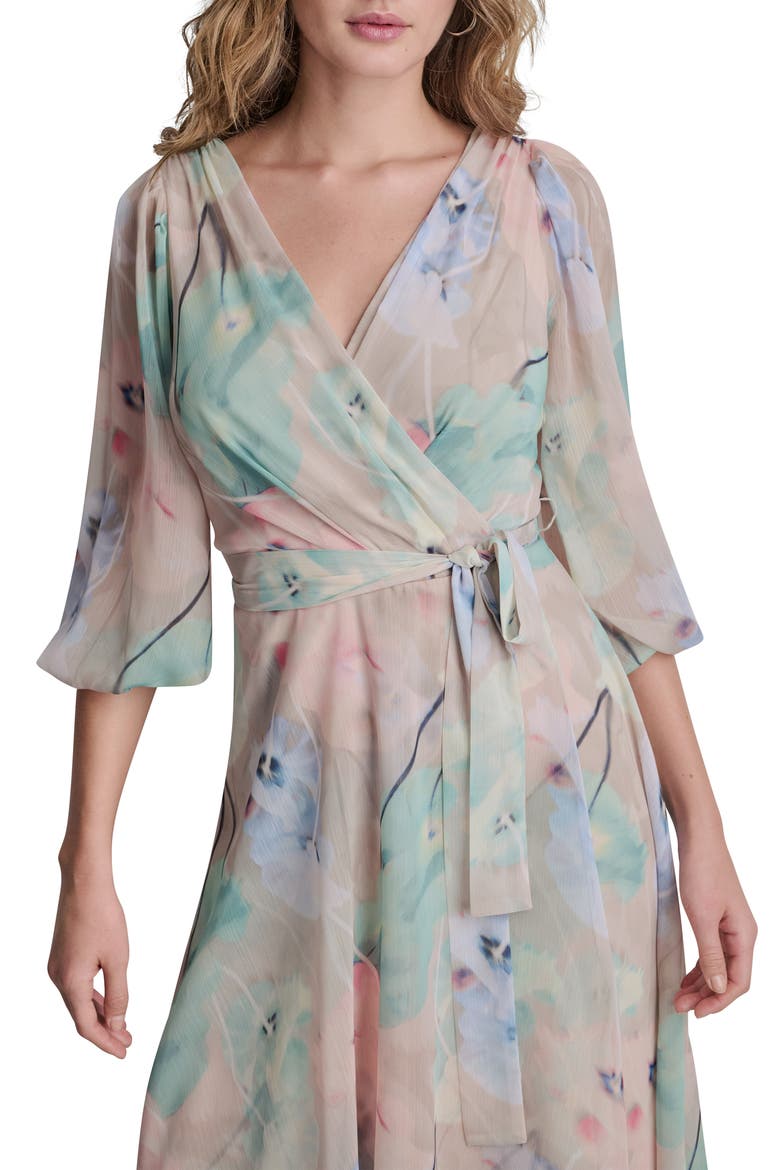 Balloon Sleeve Faux Wrap Midi Dress, Alternate, color, MOONLGHT