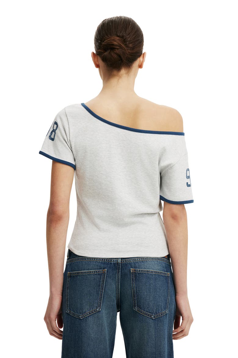 Women's The Fitted Off Shoulder Graphic Tee, Alternate, color, 98  Soft Grey Marle