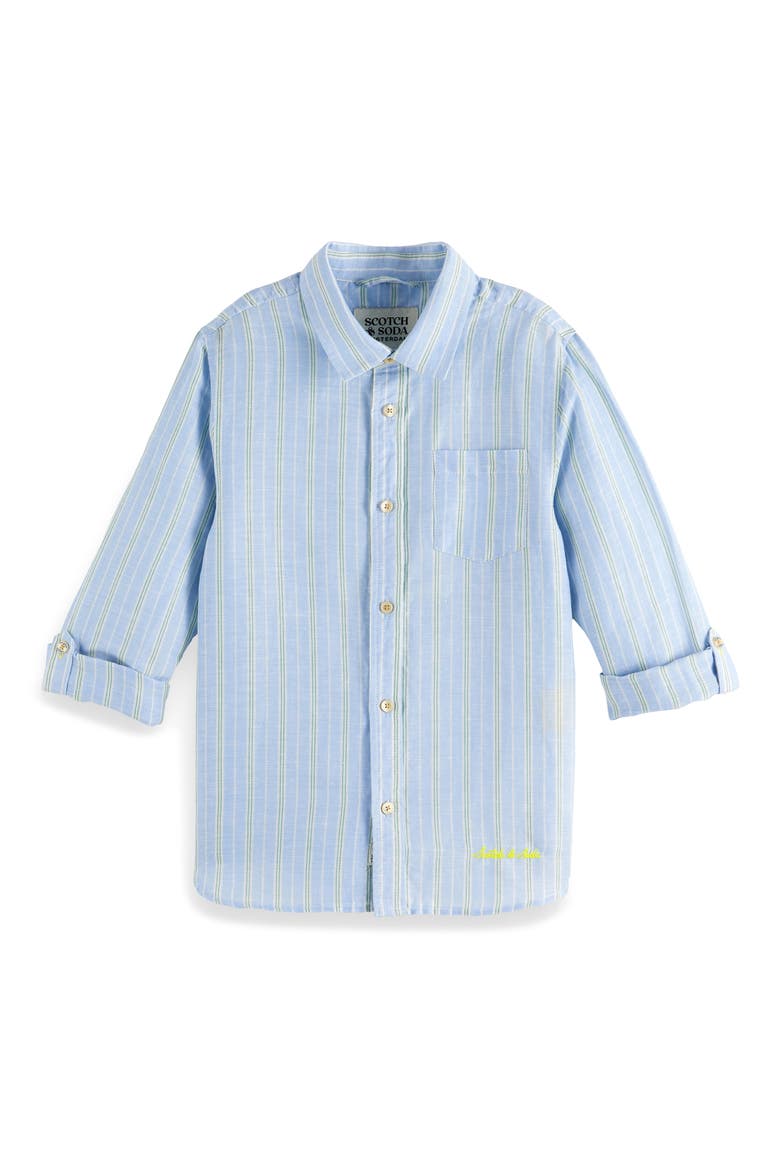 Kids' Stripe Linen & Cotton Button-Up Shirt, Main, color, SPRING BLUE / GREEN STRIPE