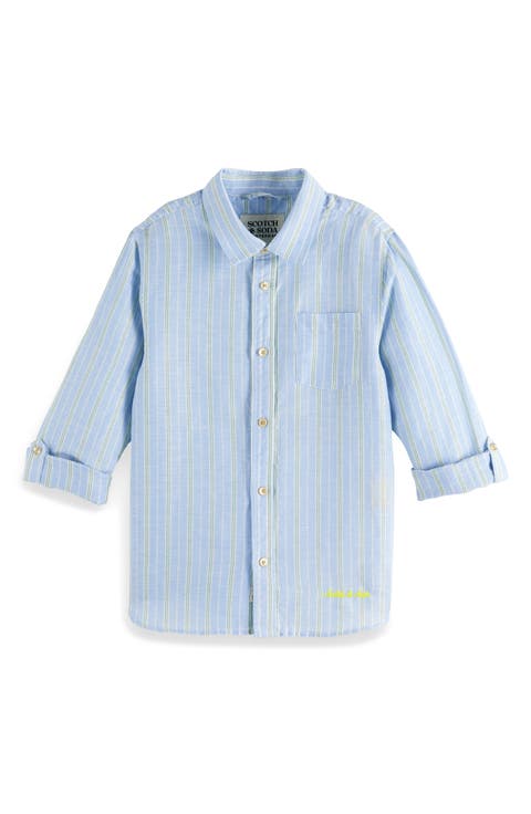 Kids' Stripe Linen & Cotton Button-Up Shirt (Big Kid)