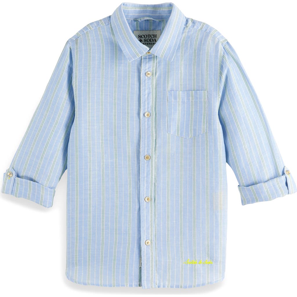 Scotch & Soda Kids' Stripe Linen & Cotton Button-up Shirt In Blue