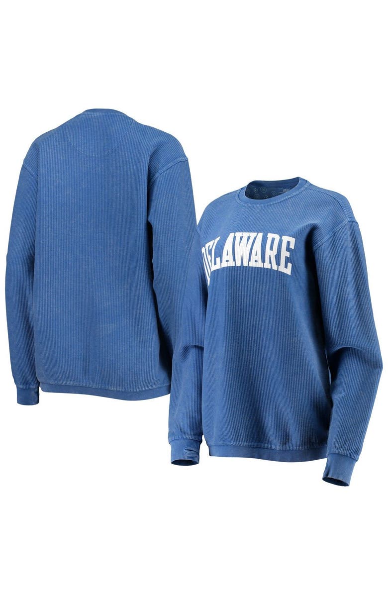 PRESSBOX Women's Pressbox Royal Delaware Fightin' Blue Hens Comfy Cord Vintage Wash Basic Arch Pullover Sweatshirt, Main, color, Royal