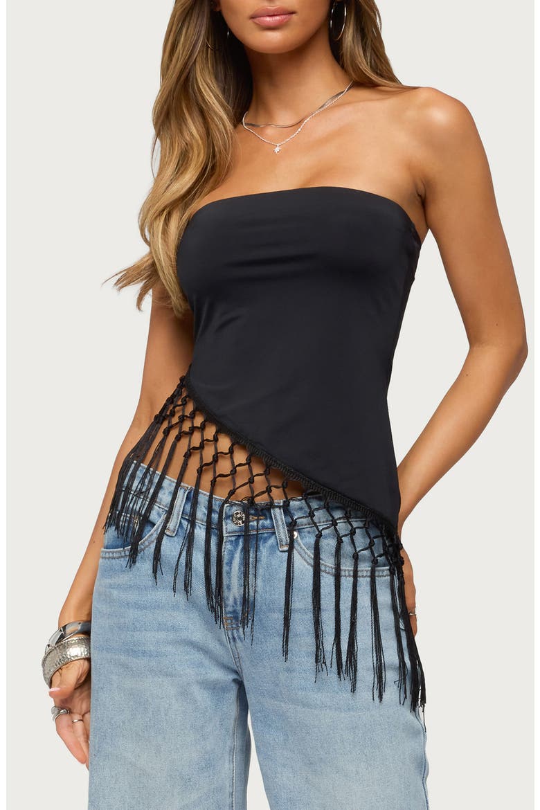 Sarika Asymmetric Fringe Strapless Top, Main, color, BLACK