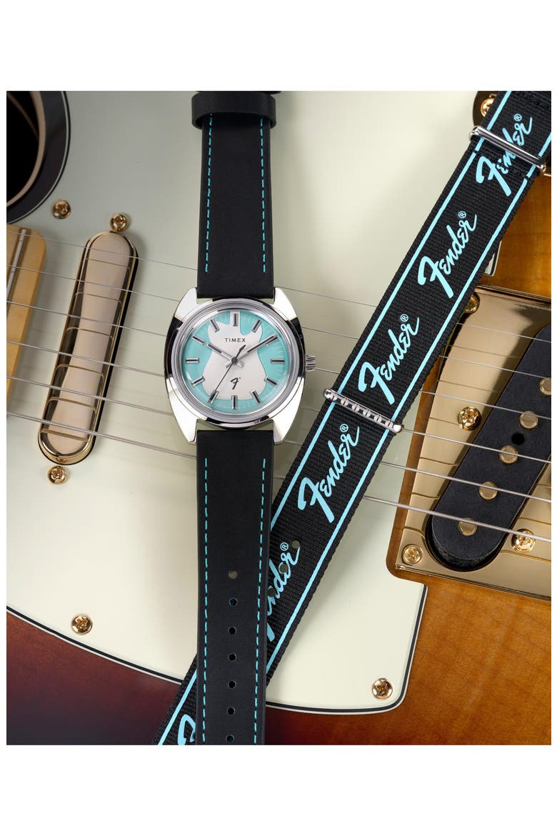 Fender x Timex Leather Strap Watch, 37mm, Alternate, color, BLACK