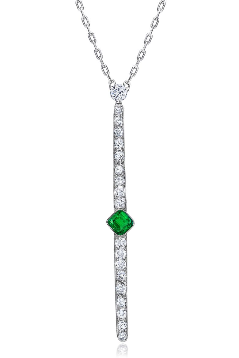 Reconceived Diamond & Emerald Bar Pendant Necklace, Main, color, PLATINUM/ DIAMOND/ EMERALD