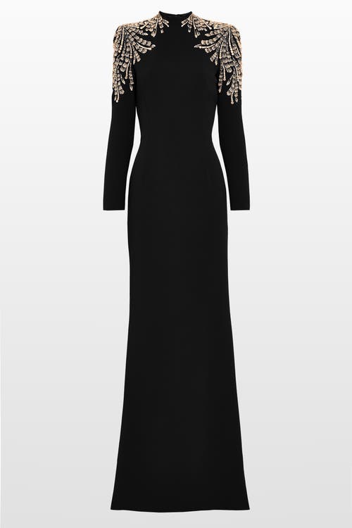 Jenny Packham Cobra Embellished-shoulders Mock-neck Maxi Dress In Blue