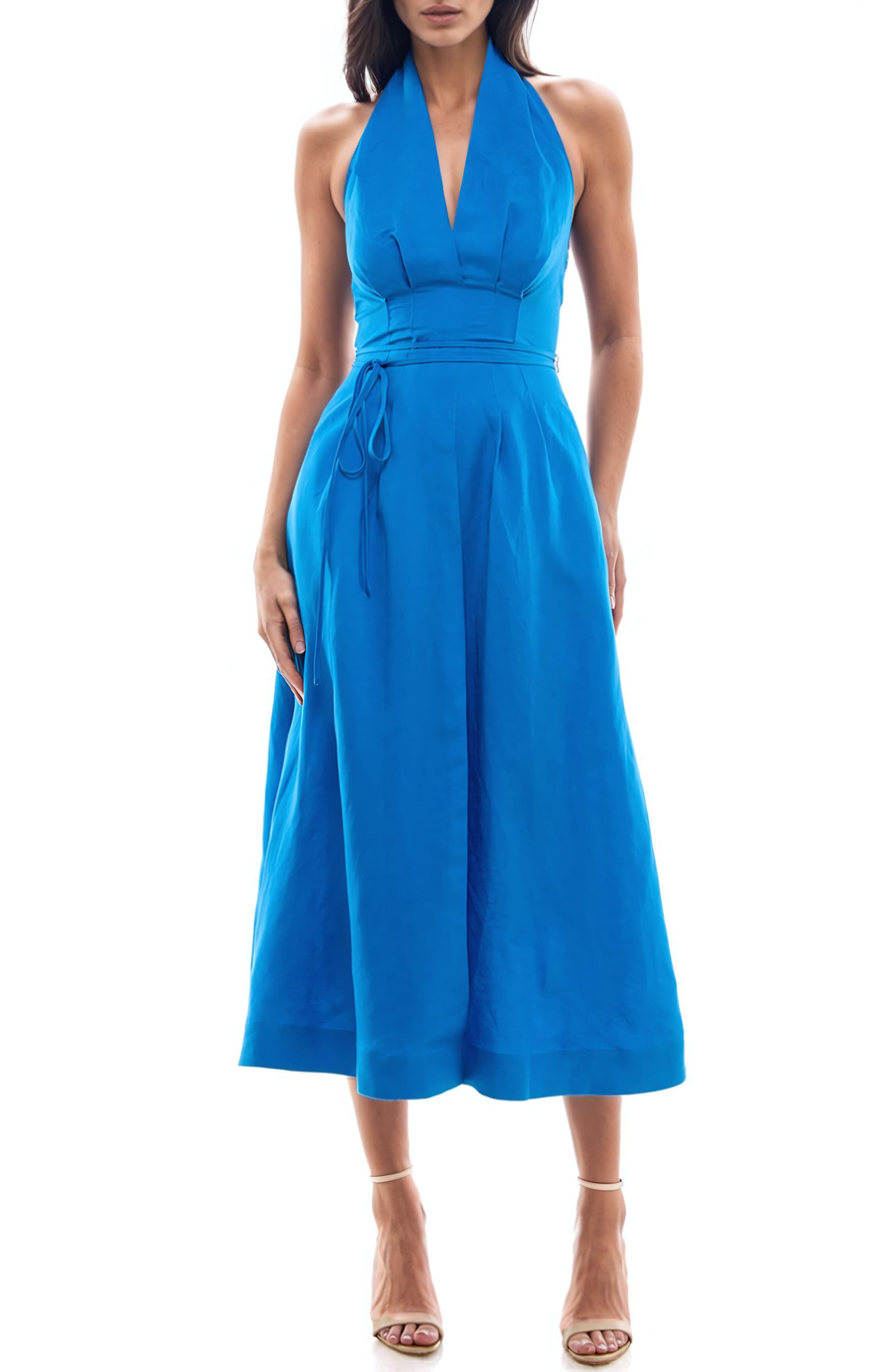 Socialite Pleated Halter Midi Sundress in Indigo Bunting 