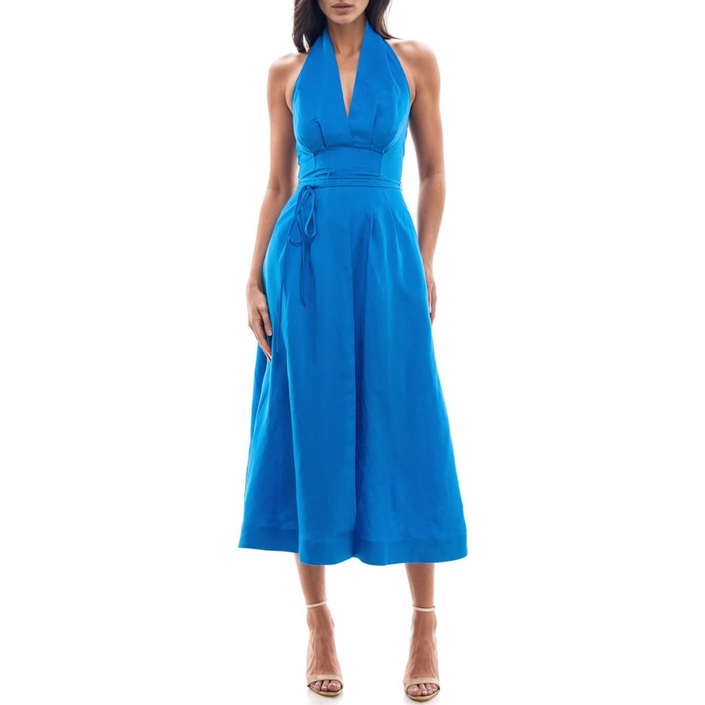 Socialite Pleated Halter Midi Sundress in Indigo Bunting