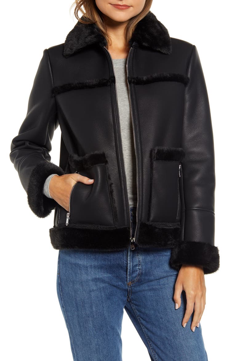 Faux Fur Trim Faux Leather Jacket, Main, color, BLACK