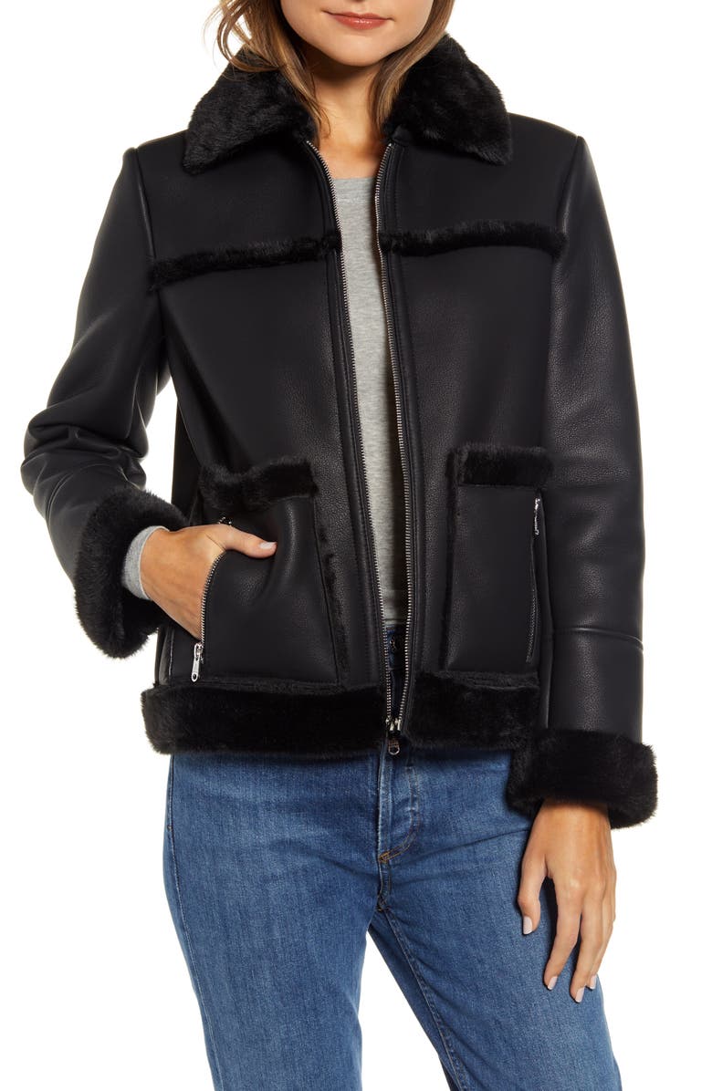 Sam Edelman Faux Fur Trim Faux Leather Jacket, Main, color,