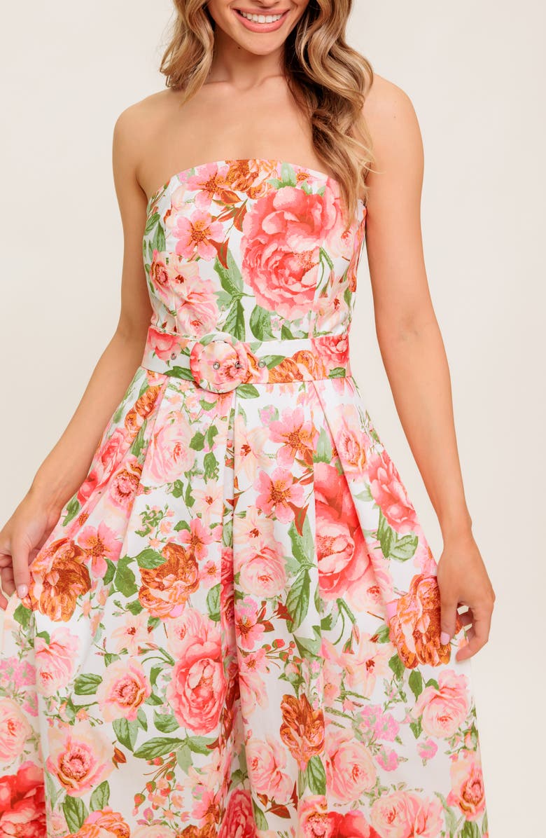 FLYING TOMATO Floral Strapless Midi Dress, Alternate, color, Ivory Pink