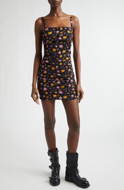 Rose Bouquet Ruched Stretch Silk Charmeuse Minidress