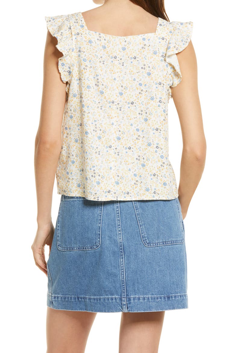 Women's Folkmagic Floral Ruffle Strap Linen Blend Button-Up Tank, Alternate, color, COOL FOG
