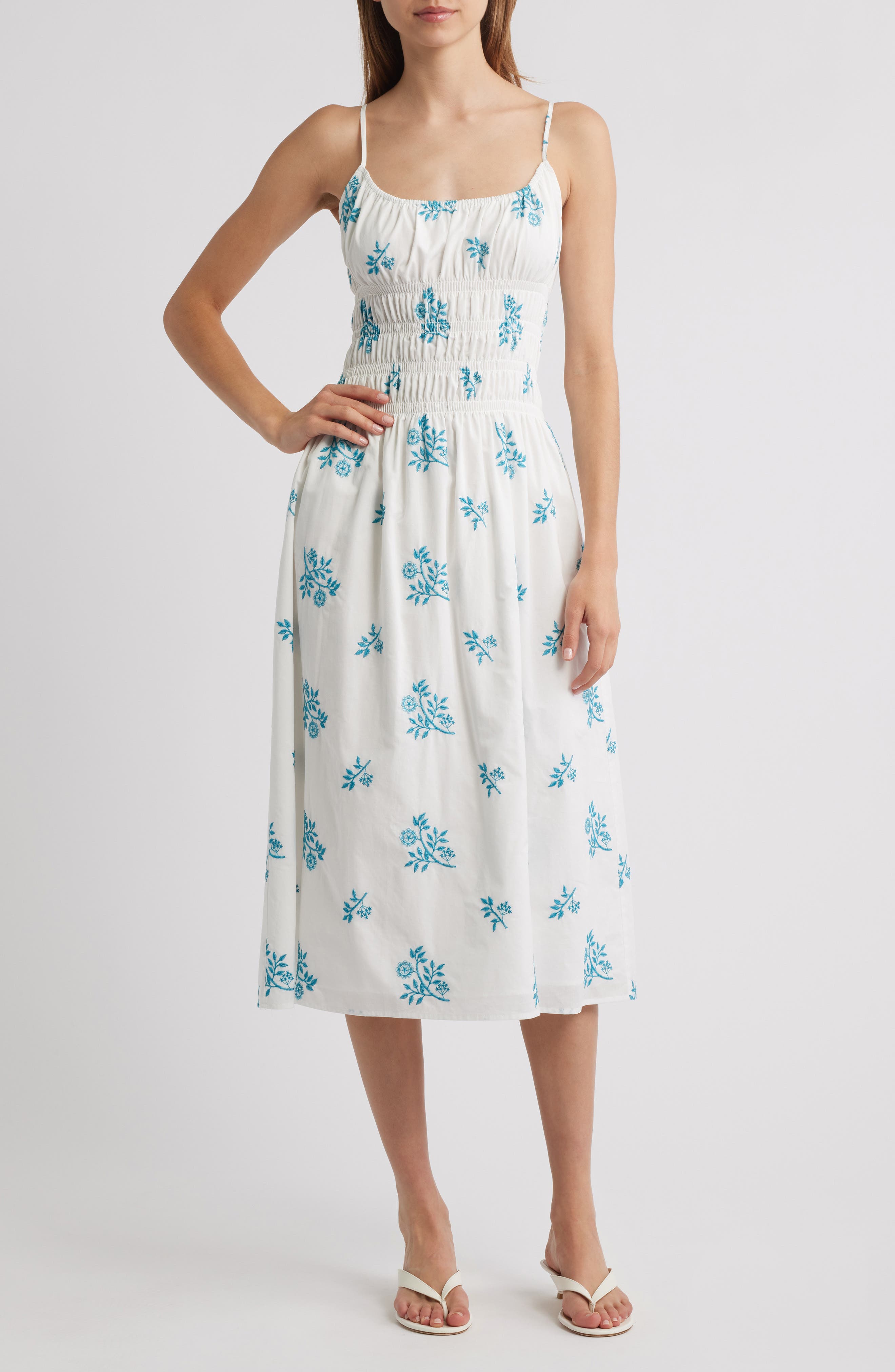 Charles Henry Floral Embroidery Smock Waist Cotton Dress