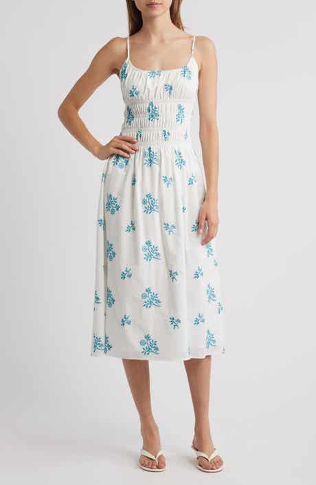 Charles Henry Floral Embroidery Smock Waist Cotton Dress