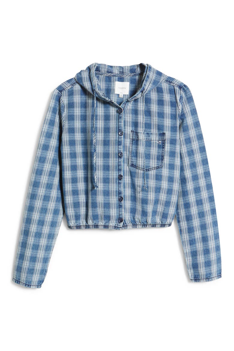 Light Wash Plaid Crop Hoodie, Alternate, color, LT WASH