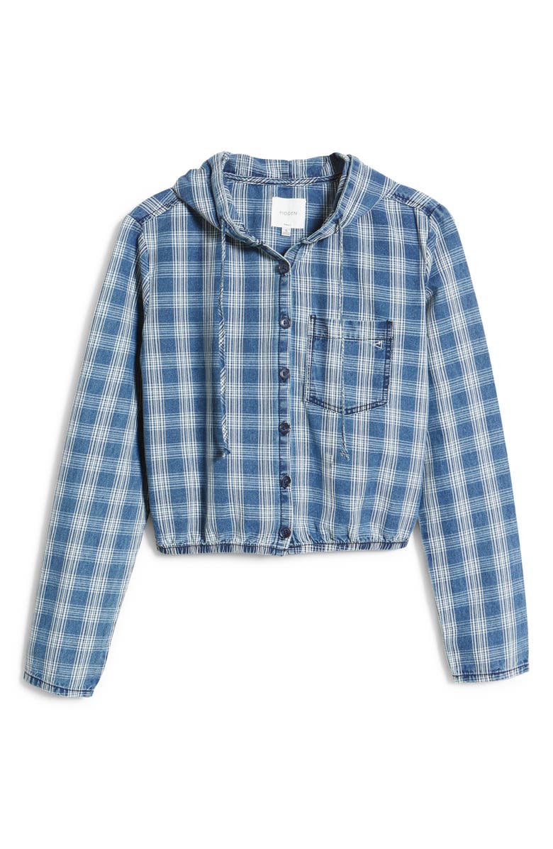 HIDDEN JEANS Light Wash Plaid Crop Hoodie, Alternate, color, Lt Wash