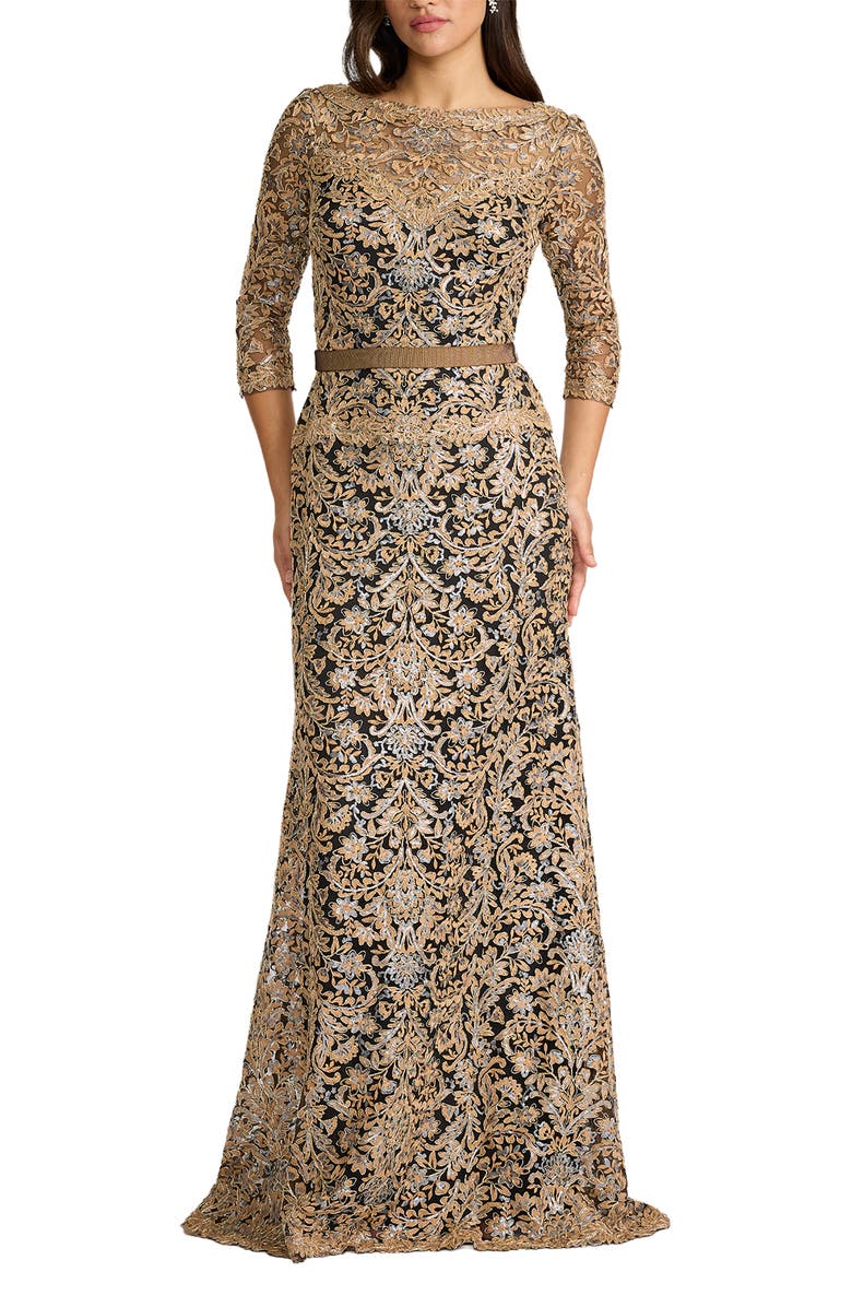Tadashi Shoji Embroidered Sequin Gown, Main, color, Copper Shadow/ Black