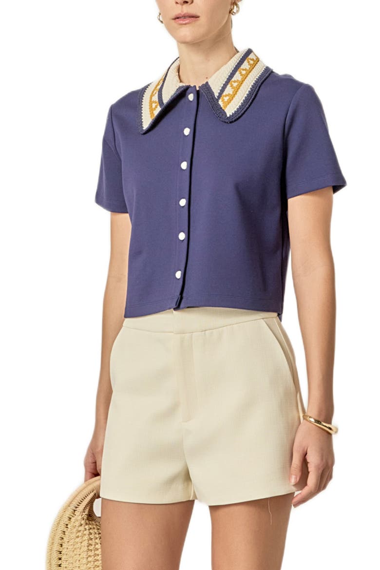 Crochet Collar Button-Up Top, Alternate, color, NAVY