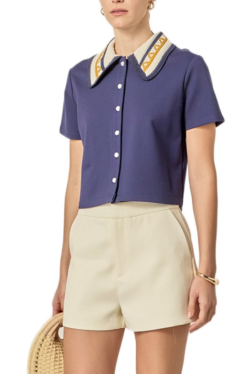 English Factory Crochet Collar Button-Up Top, Alternate, color, Navy