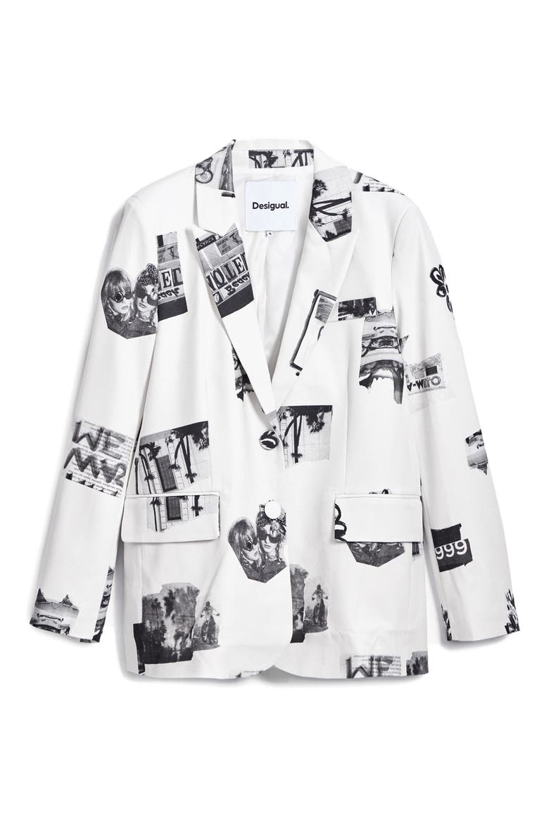 Collage Print Peak Lapel Blazer, Alternate, color, WHITE
