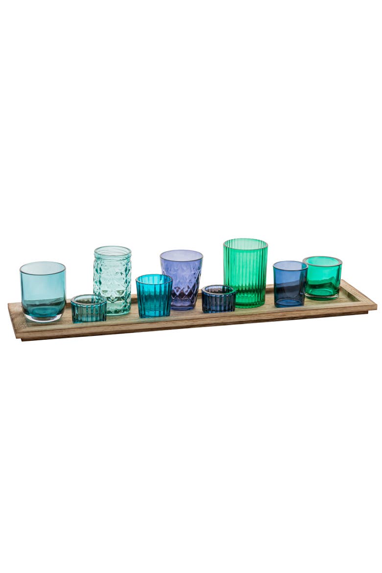 Wood Tray with 9 Blue & Green Glass Votive Holders, Set of 10, Main, color, Blue