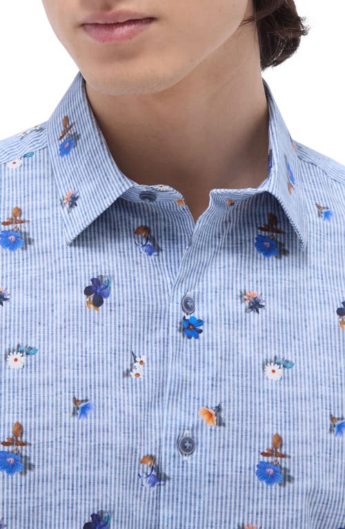 Bugatchi Orson Floral Stripe Short Sleeve Stretch Cotton Button-up Shirt In Air Blue