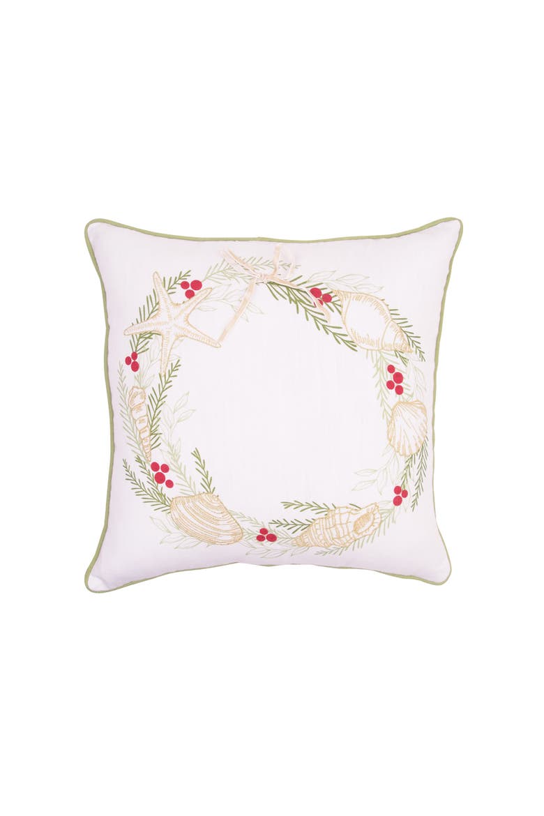 Coastal Tidings Wreath Christmas Throw Pillow 16" x 16", Main, color, White