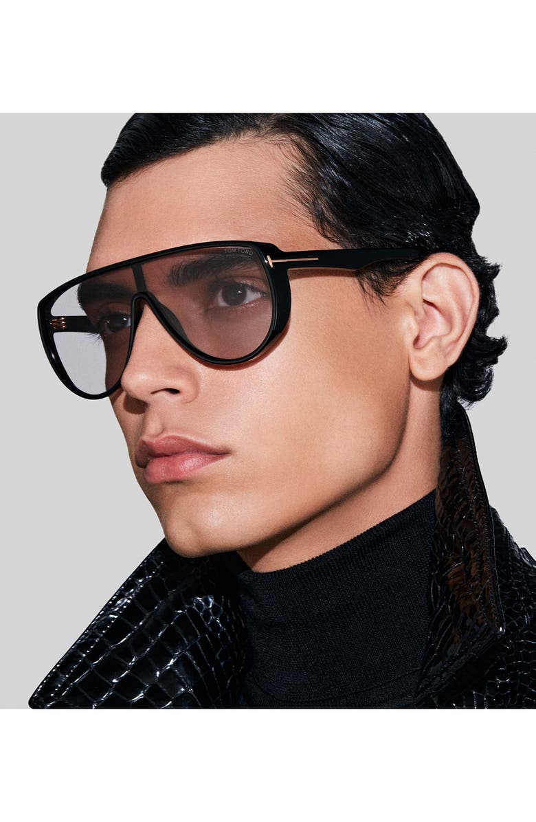 TOM FORD Achilles 138mm Shield Sunglasses, Alternate, color, Black / T Logo / Smoke Lenses