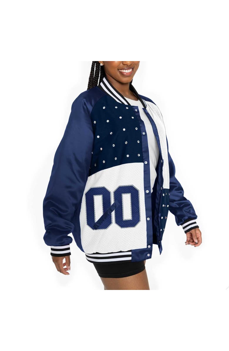GAMEDAY COUTURE Women's Gameday Couture Navy/White Dallas Cowboys Oversized Hot Shot Rhinestone Throwback Full-Snap Varsity Bomber Jacket, Alternate, color,