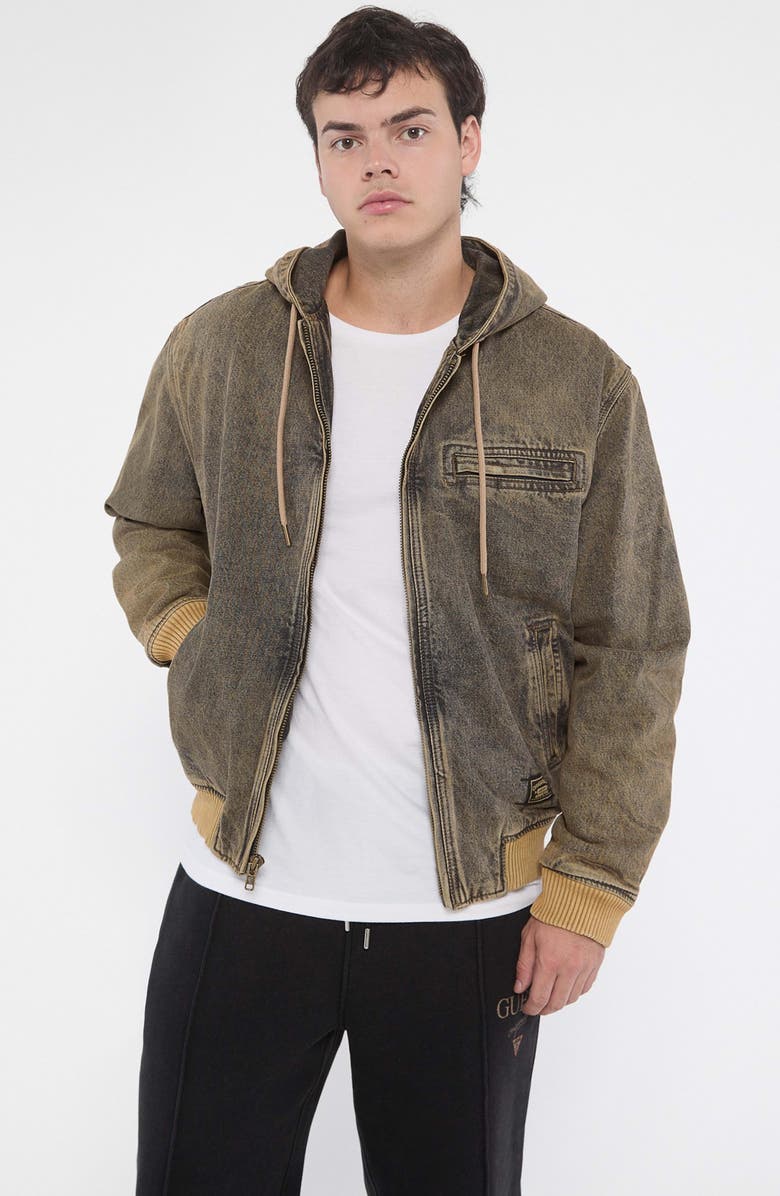 GUESS ORIGINALS Go Brown Sanded Denim Hooded Bomber Jacket, Alternate, color,