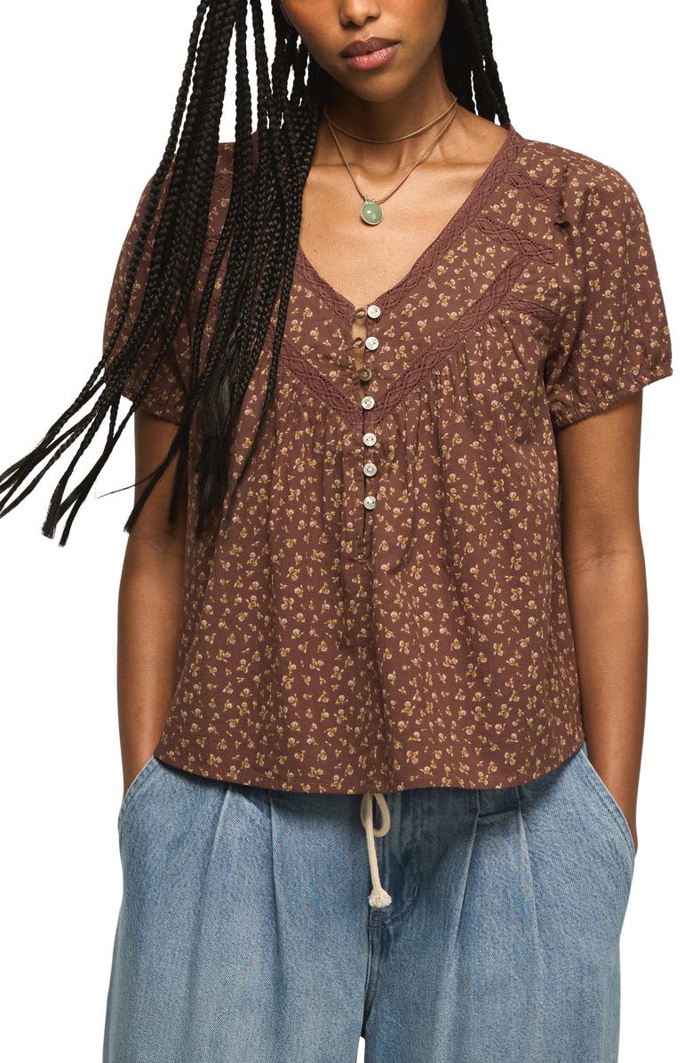 Lucky Brand Lace Henley Peasant Top, Main, color, Brown Floral