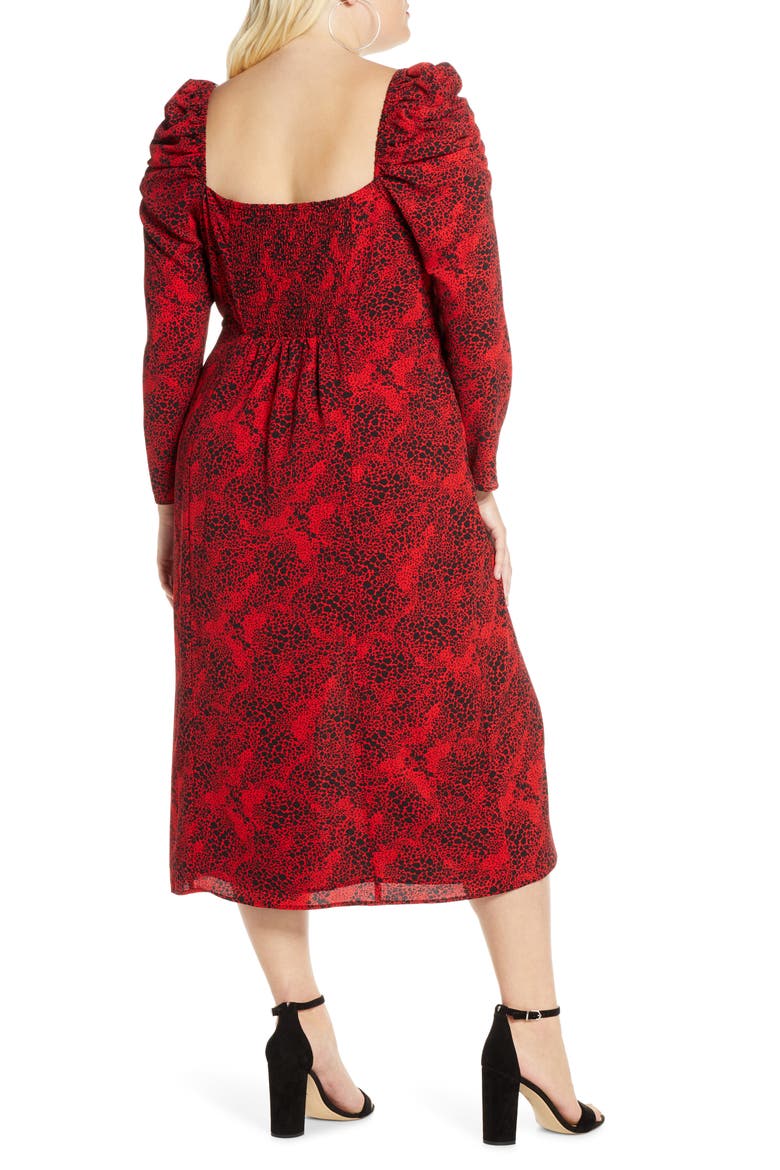 Spatter Print Square Neck Long Sleeve Midi Dress, Alternate, color, RED CHILI- BLACK DOT