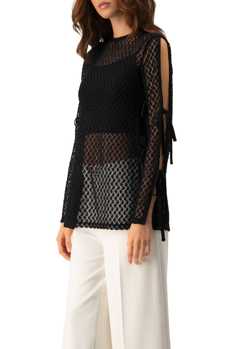Tie-Sleeve See Through Lace Blouse, Alternate, color, Black