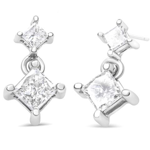 14K White Gold 3/8 Ct Diamond Double Dangle 2 Stone Stud Drop Earrings for Women