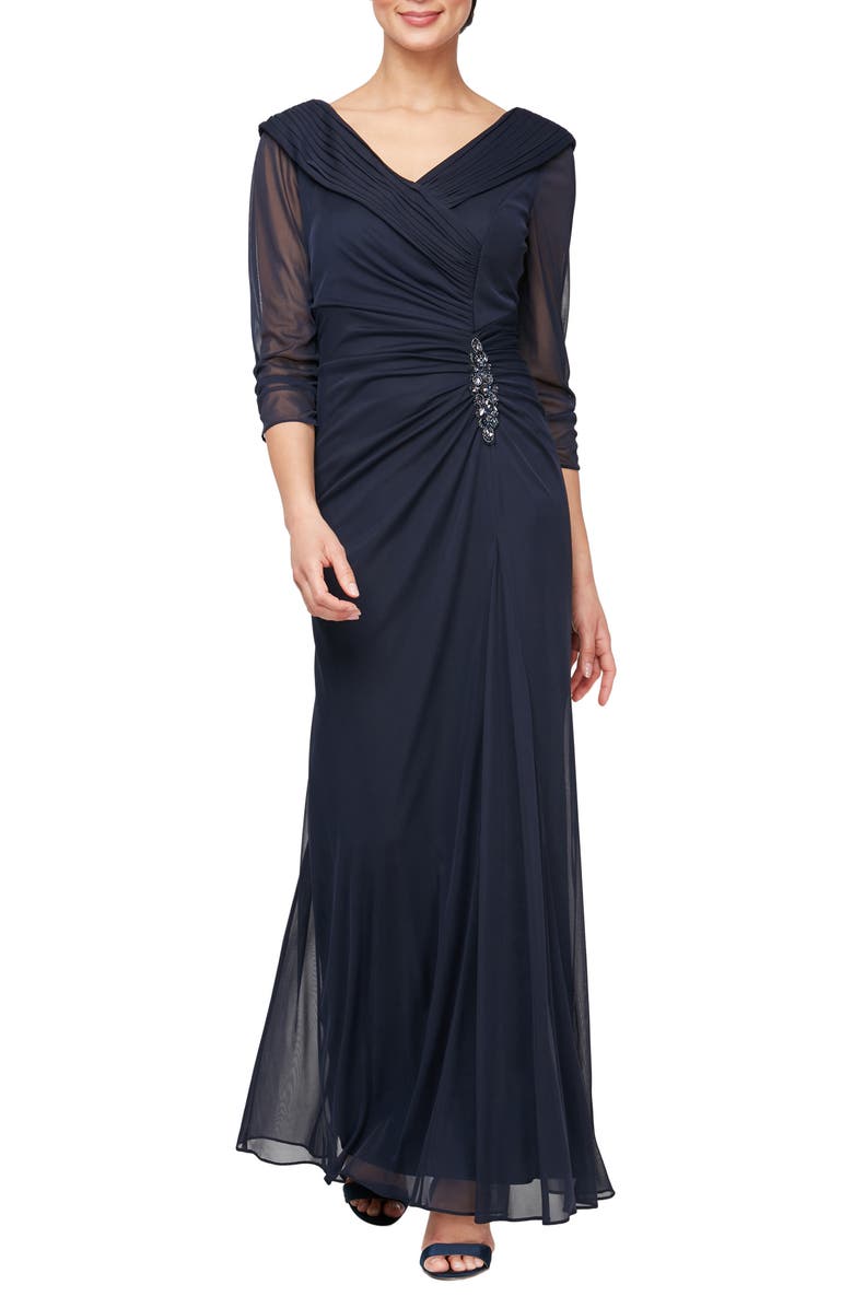 Alex Evenings Embellished Chiffon Evening Gown, Main, color, Navy