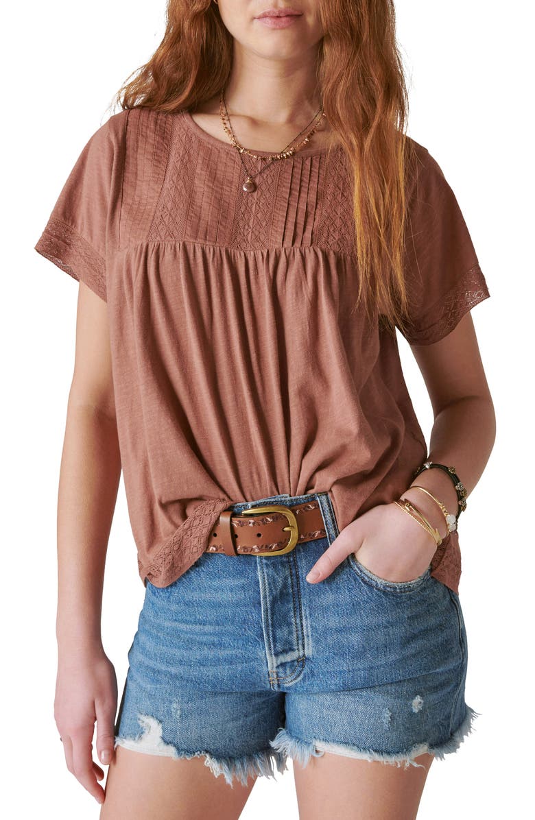 Lucky Brand Pintuck & Lace Top, Main, color, Baltic Amber