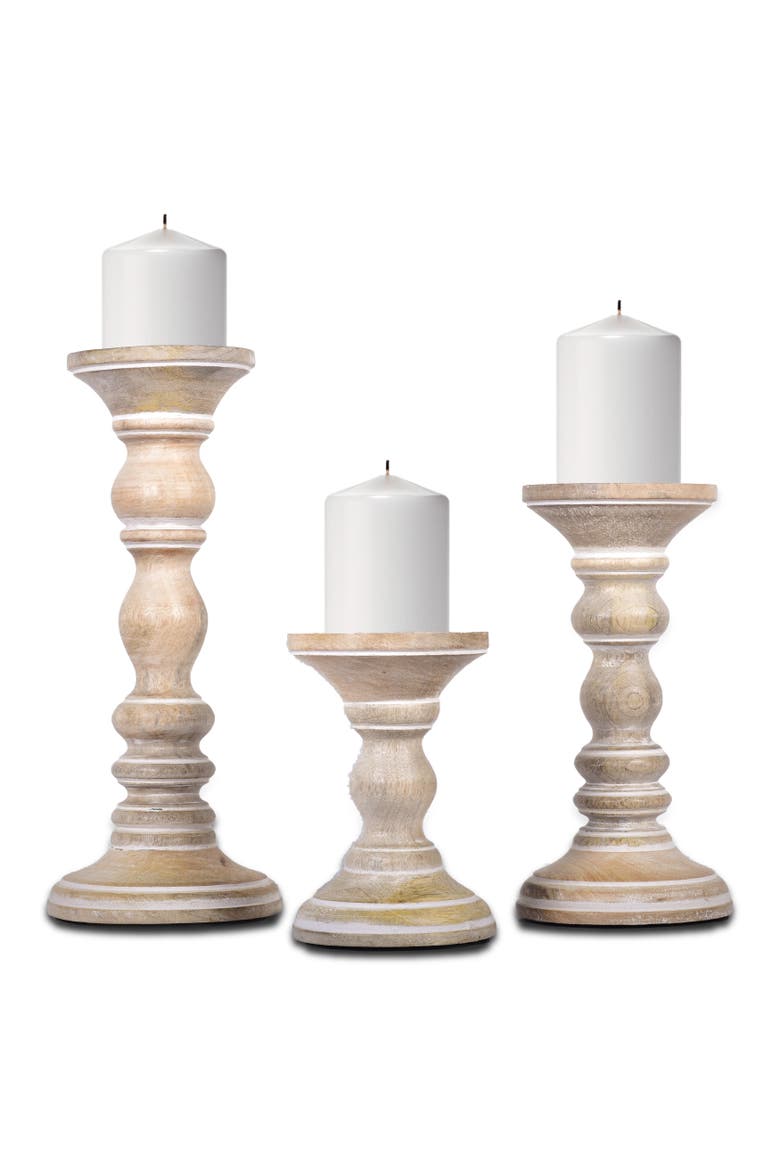 Willow Mango Wood Candleholders - Set of 3, Main, color, Whitewash