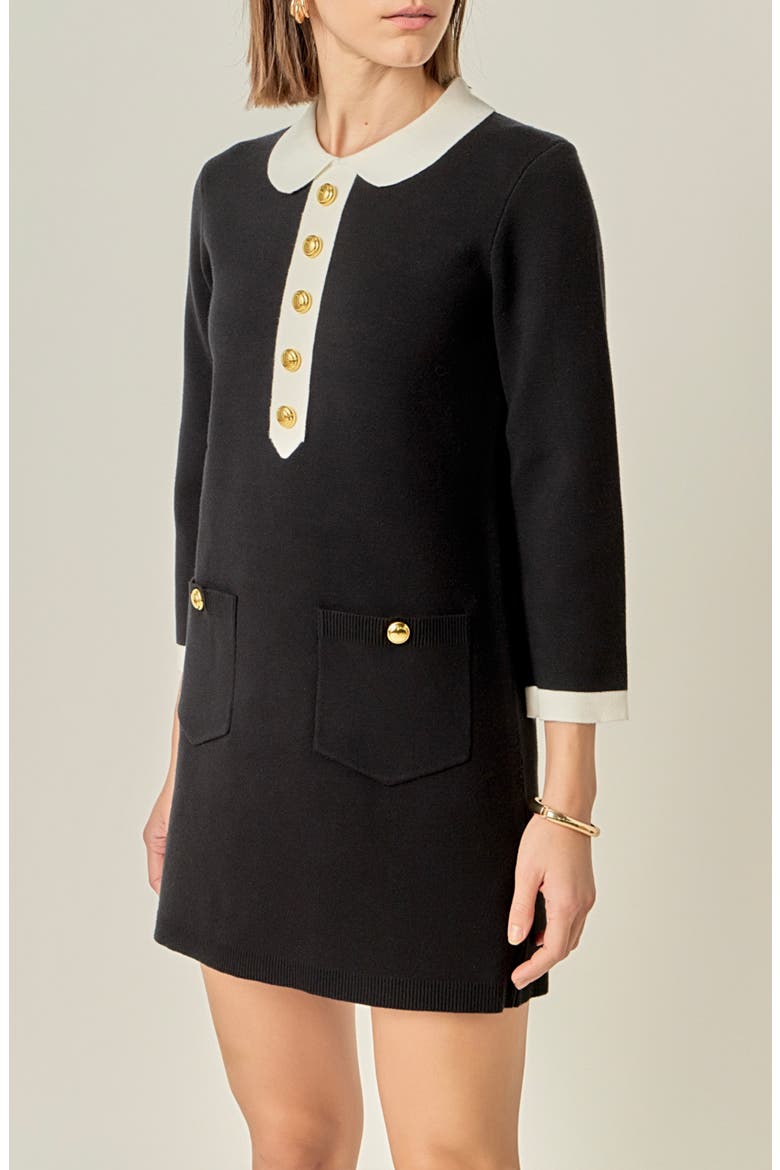 Collar Detail Knit Minidress, Alternate, color, BLACK/ OFF WHITE